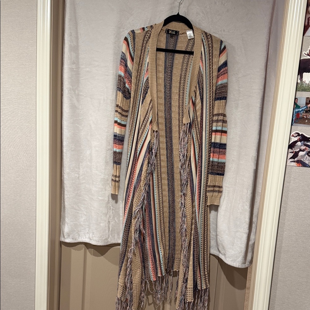 Boho Striped Fringe Long Cardigan - Neutral Multi